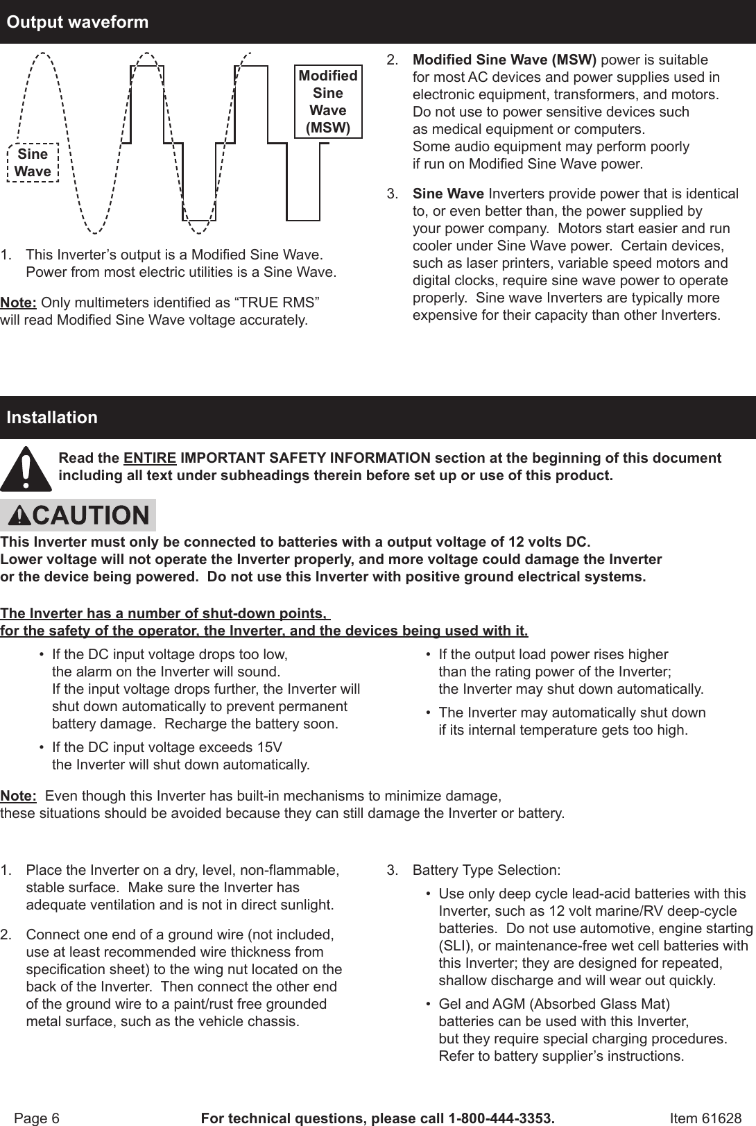 Page 6 of 12 - Harbor-Freight Harbor-Freight-1500-Watt-Continuous-3000-Watt-Peak-Power-Inverter-Product-Manual-  Harbor-freight-1500-watt-continuous-3000-watt-peak-power-inverter-product-manual