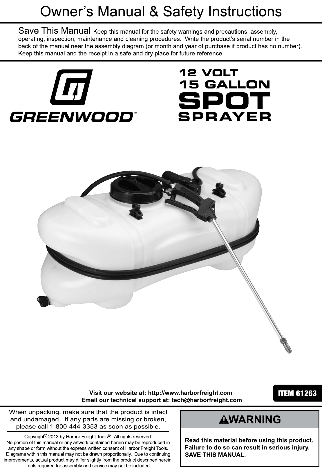 Page 1 of 12 - Harbor-Freight Harbor-Freight-15-Gallon-Spot-Sprayer-12-Volt-Product-Manual-  Harbor-freight-15-gallon-spot-sprayer-12-volt-product-manual