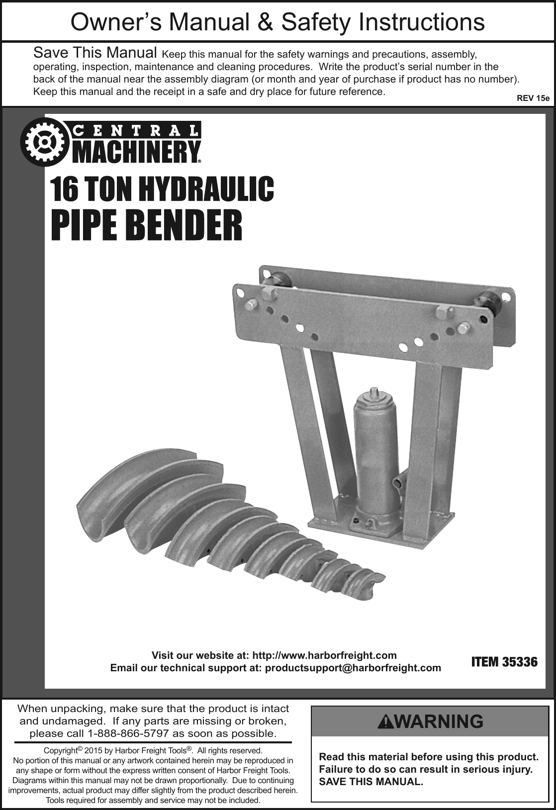 Page 1 of 12 - Harbor-Freight Harbor-Freight-16-Ton-Hydraulic-Heavy-Duty-Pipe-Bender-Product-Manual-  Harbor-freight-16-ton-hydraulic-heavy-duty-pipe-bender-product-manual