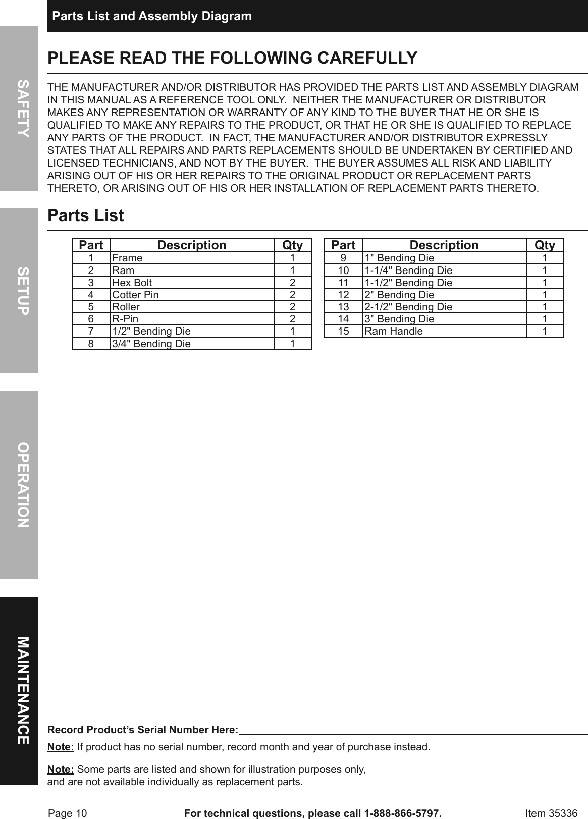 Page 10 of 12 - Harbor-Freight Harbor-Freight-16-Ton-Hydraulic-Heavy-Duty-Pipe-Bender-Product-Manual-  Harbor-freight-16-ton-hydraulic-heavy-duty-pipe-bender-product-manual