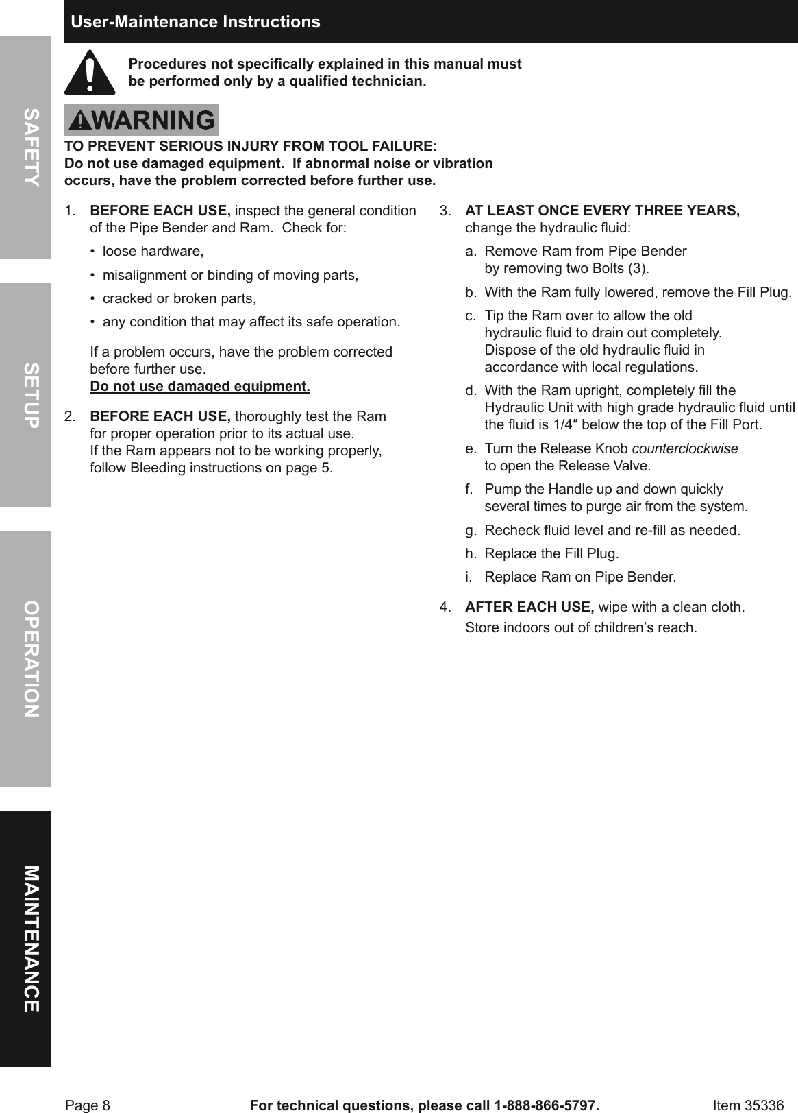 Page 8 of 12 - Harbor-Freight Harbor-Freight-16-Ton-Hydraulic-Heavy-Duty-Pipe-Bender-Product-Manual-  Harbor-freight-16-ton-hydraulic-heavy-duty-pipe-bender-product-manual