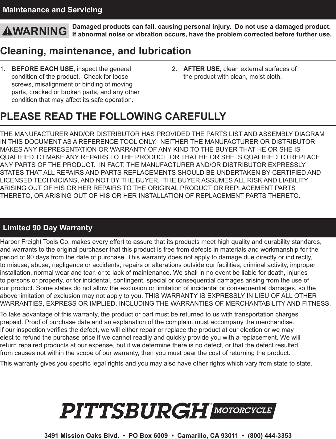 Harbor Freight 1800 Lb Capacity Motorcycle Stand Wheel Chock Product Manual
