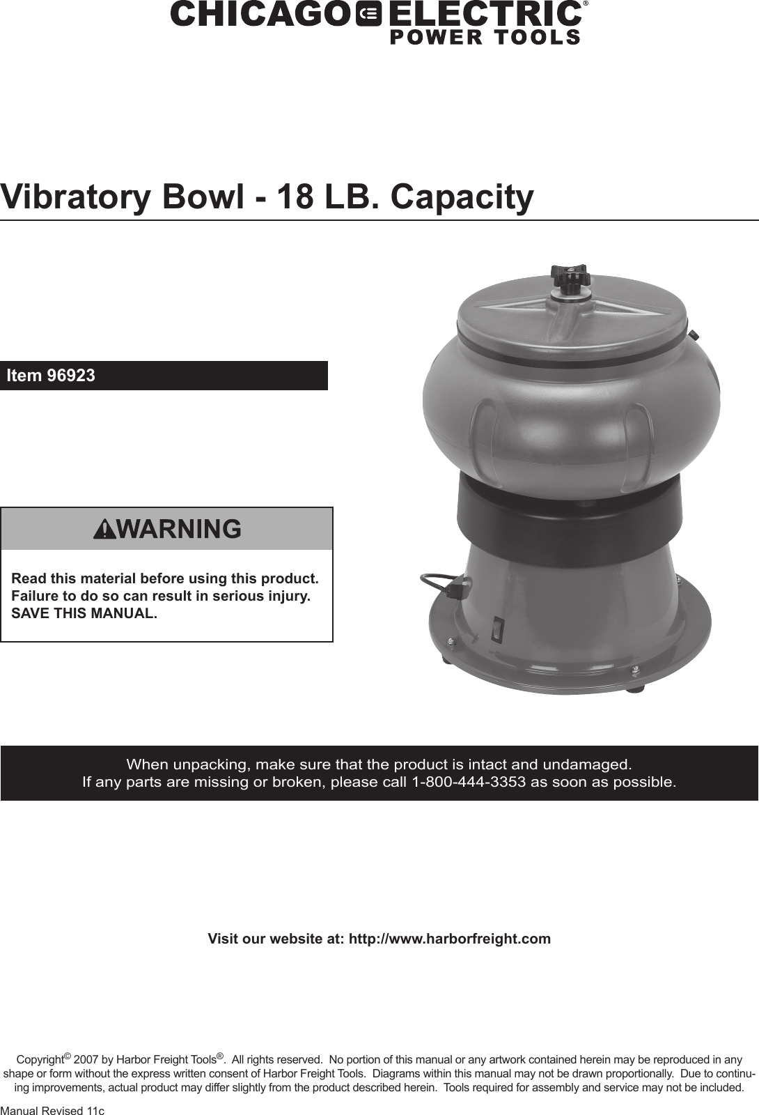 Page 1 of 8 - Harbor-Freight Harbor-Freight-18-Lb-Metal-Vibratory-Tumbler-Bowl-Product-Manual-  Harbor-freight-18-lb-metal-vibratory-tumbler-bowl-product-manual