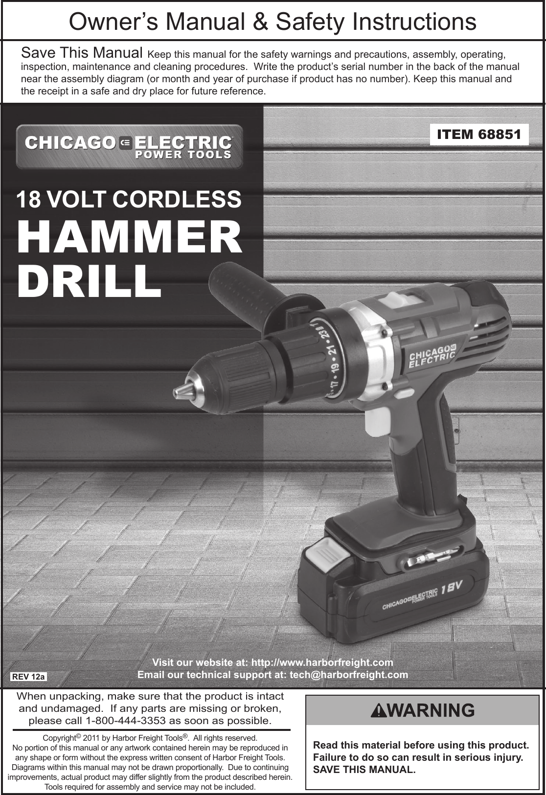 Page 1 of 12 - Harbor-Freight Harbor-Freight-18-Volt-1-2-In-Cordless-Variable-Speed-Hammer-Drill-With-Keyless-Chuck-Product-Manual-  Harbor-freight-18-volt-1-2-in-cordless-variable-speed-hammer-drill-with-keyless-chuck-product-manual