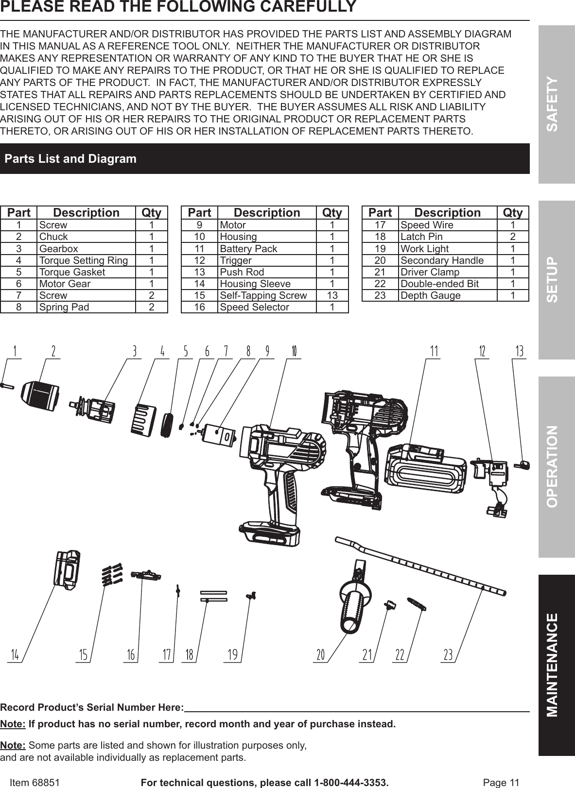 Page 11 of 12 - Harbor-Freight Harbor-Freight-18-Volt-1-2-In-Cordless-Variable-Speed-Hammer-Drill-With-Keyless-Chuck-Product-Manual-  Harbor-freight-18-volt-1-2-in-cordless-variable-speed-hammer-drill-with-keyless-chuck-product-manual