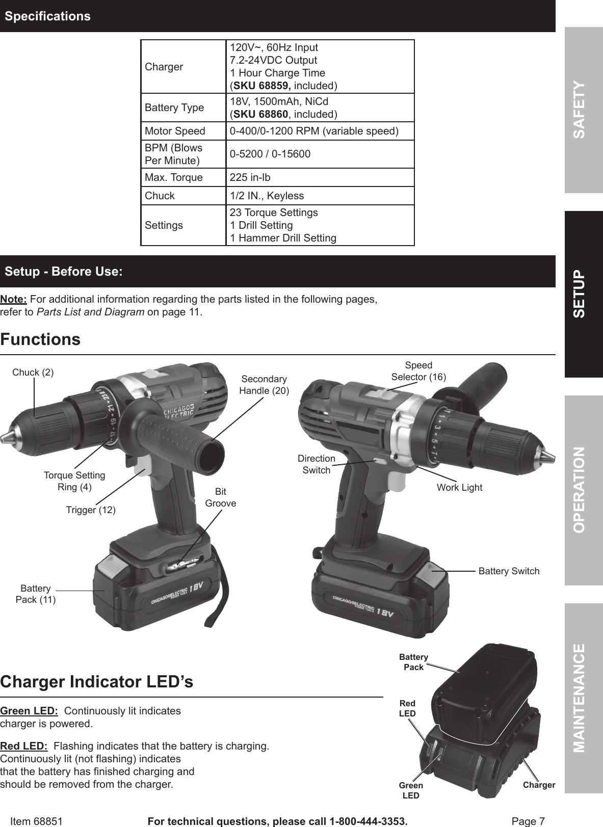 Page 7 of 12 - Harbor-Freight Harbor-Freight-18-Volt-1-2-In-Cordless-Variable-Speed-Hammer-Drill-With-Keyless-Chuck-Product-Manual-  Harbor-freight-18-volt-1-2-in-cordless-variable-speed-hammer-drill-with-keyless-chuck-product-manual