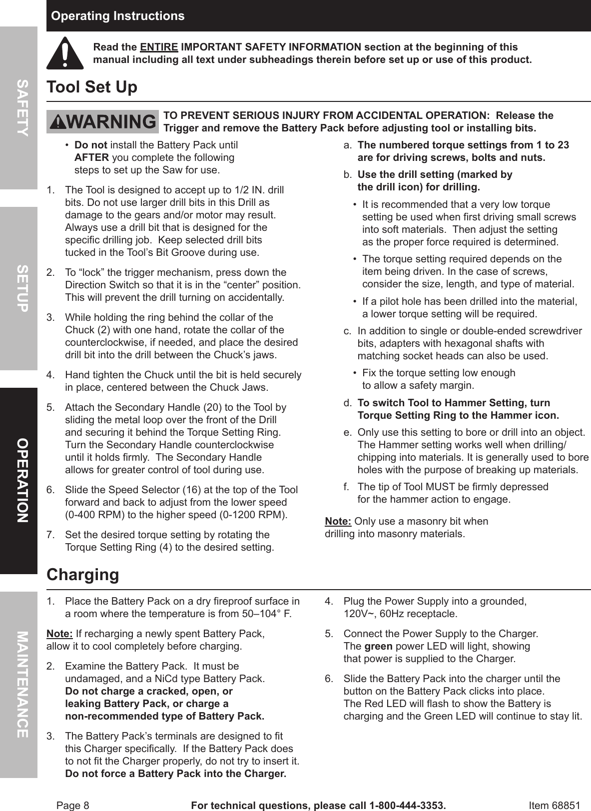 Page 8 of 12 - Harbor-Freight Harbor-Freight-18-Volt-1-2-In-Cordless-Variable-Speed-Hammer-Drill-With-Keyless-Chuck-Product-Manual-  Harbor-freight-18-volt-1-2-in-cordless-variable-speed-hammer-drill-with-keyless-chuck-product-manual