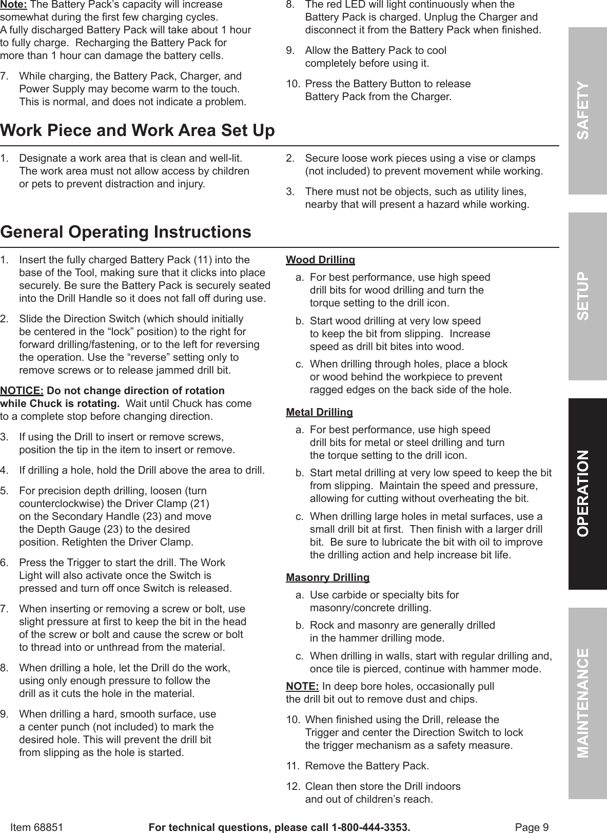 Page 9 of 12 - Harbor-Freight Harbor-Freight-18-Volt-1-2-In-Cordless-Variable-Speed-Hammer-Drill-With-Keyless-Chuck-Product-Manual-  Harbor-freight-18-volt-1-2-in-cordless-variable-speed-hammer-drill-with-keyless-chuck-product-manual