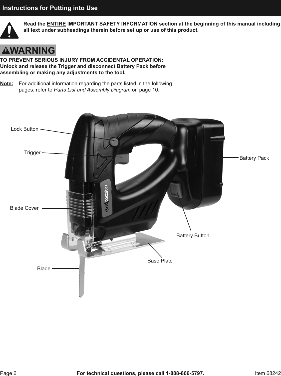 Harbor Freight 18 Volt Cordless Jig Saw Product Manual