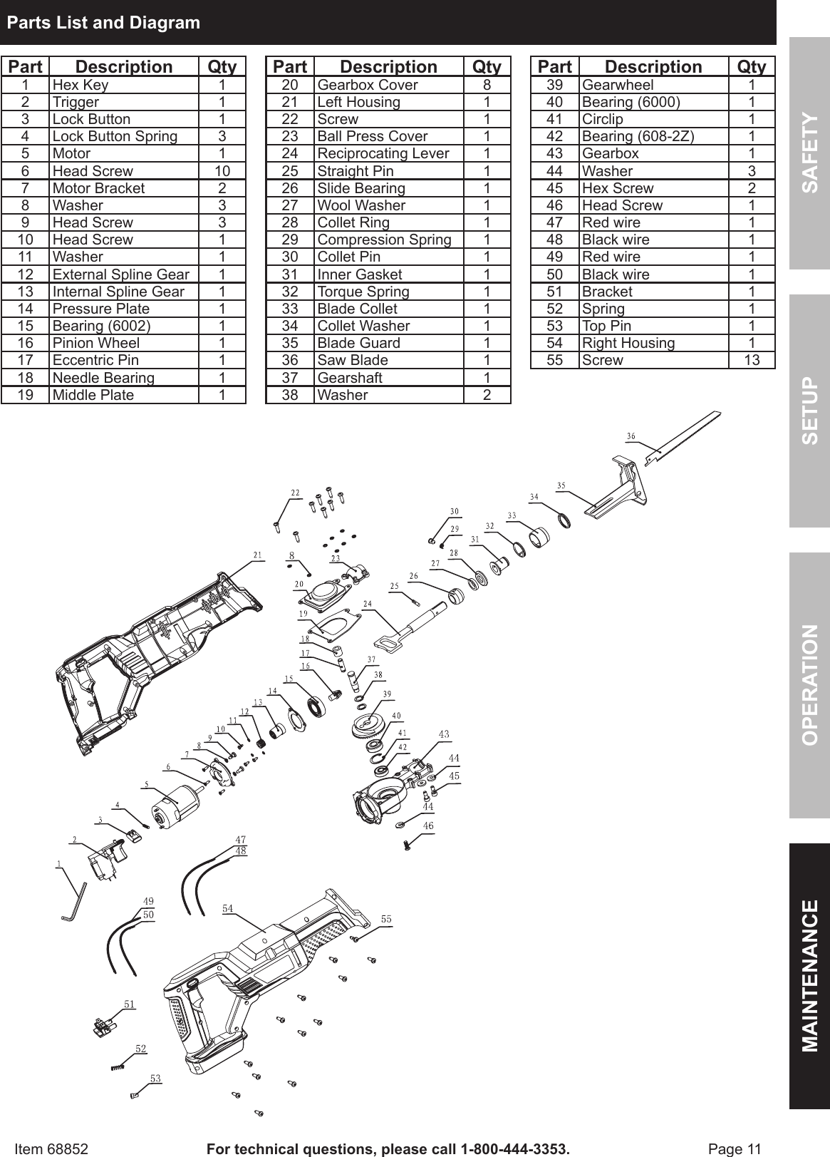 Page 11 of 12 - Harbor-Freight Harbor-Freight-18-Volt-Cordless-Variable-Speed-Reciprocating-Saw-With-Keyless-Chuck-Product-Manual-  Harbor-freight-18-volt-cordless-variable-speed-reciprocating-saw-with-keyless-chuck-product-manual