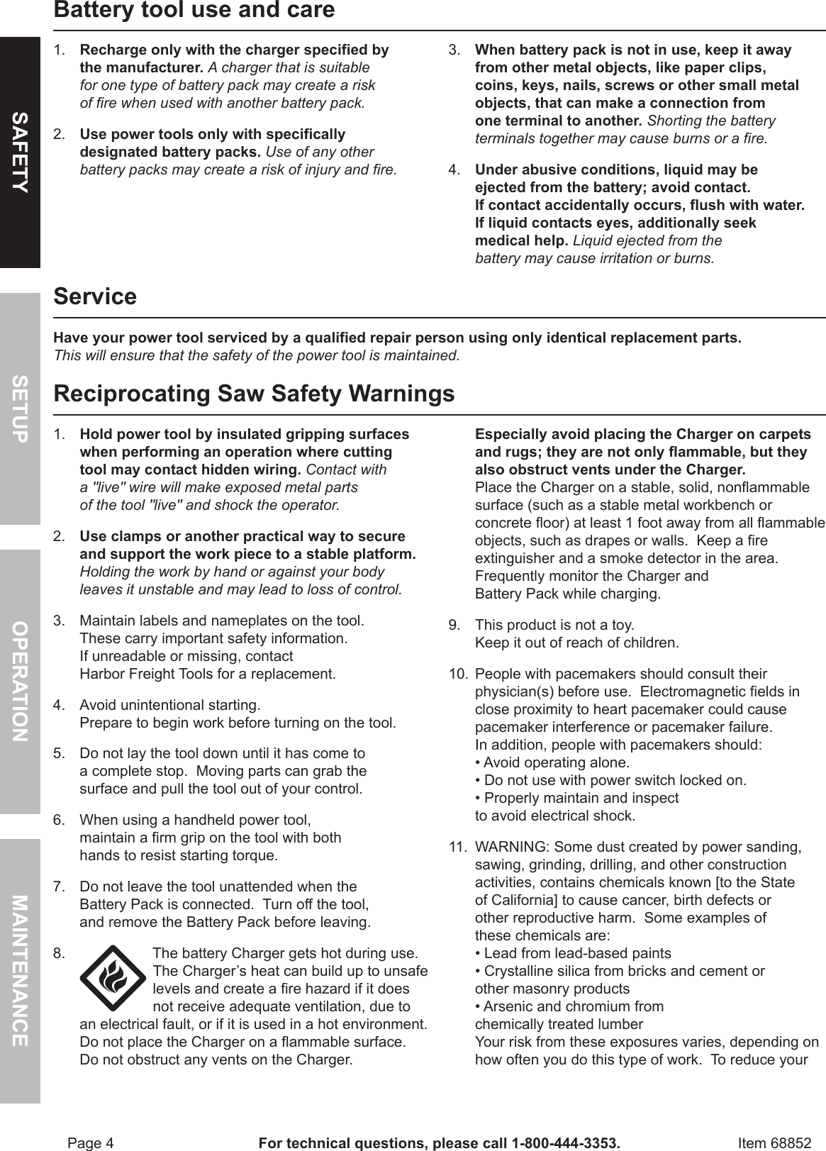 Page 4 of 12 - Harbor-Freight Harbor-Freight-18-Volt-Cordless-Variable-Speed-Reciprocating-Saw-With-Keyless-Chuck-Product-Manual-  Harbor-freight-18-volt-cordless-variable-speed-reciprocating-saw-with-keyless-chuck-product-manual