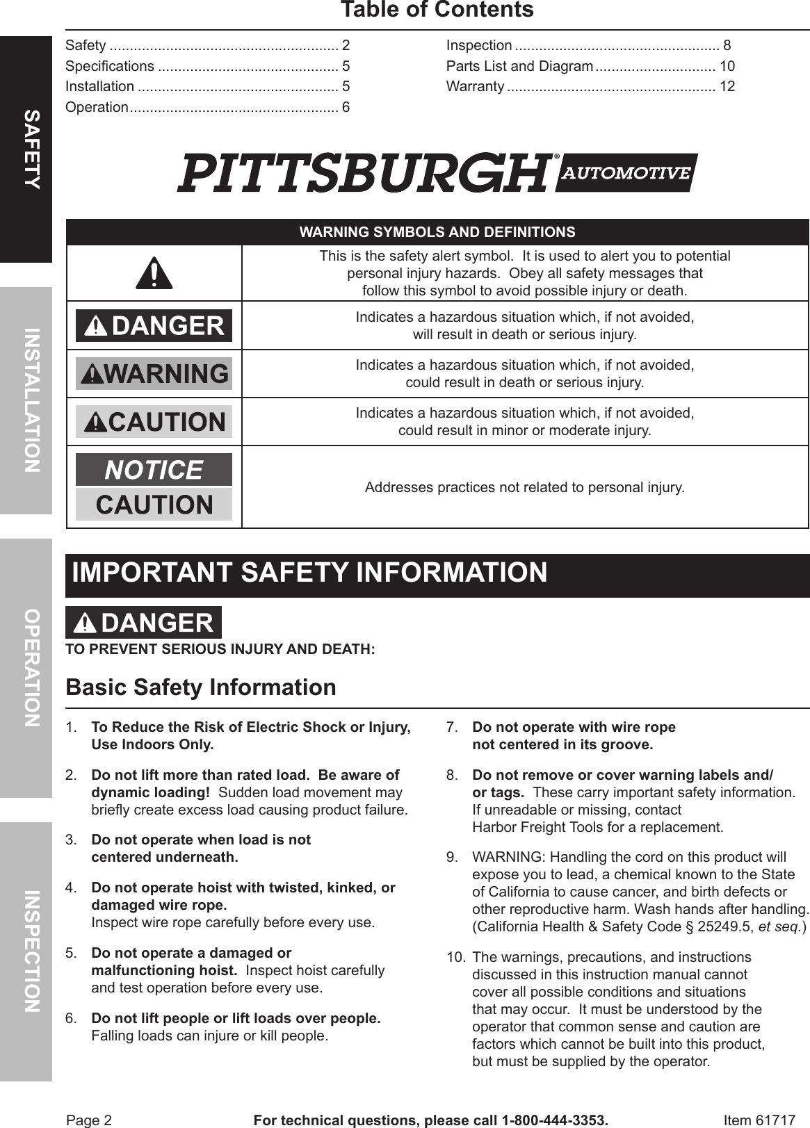 Page 2 of 12 - Harbor-Freight Harbor-Freight-2000-Lb-Electric-Hoist-With-Remote-Control-Product-Manual-  Harbor-freight-2000-lb-electric-hoist-with-remote-control-product-manual