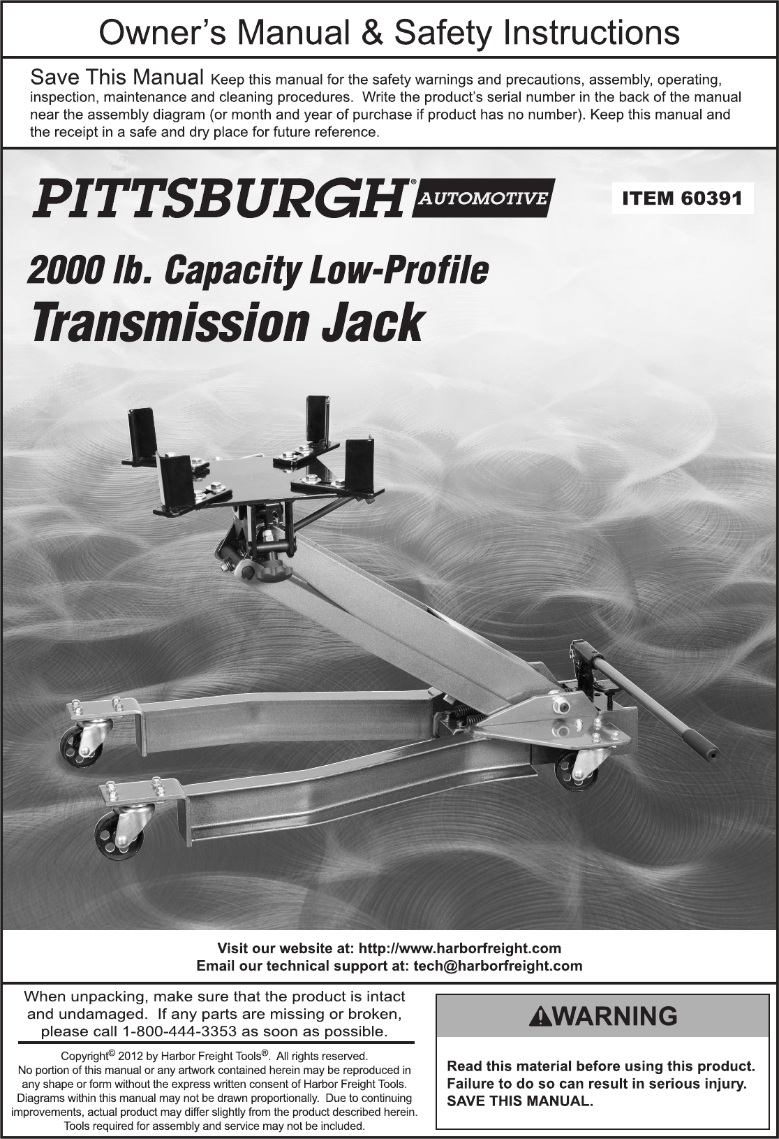 Page 1 of 8 - Harbor-Freight Harbor-Freight-2000-Lb-Low-Profile-Transmission-Jack-Product-Manual-  Harbor-freight-2000-lb-low-profile-transmission-jack-product-manual