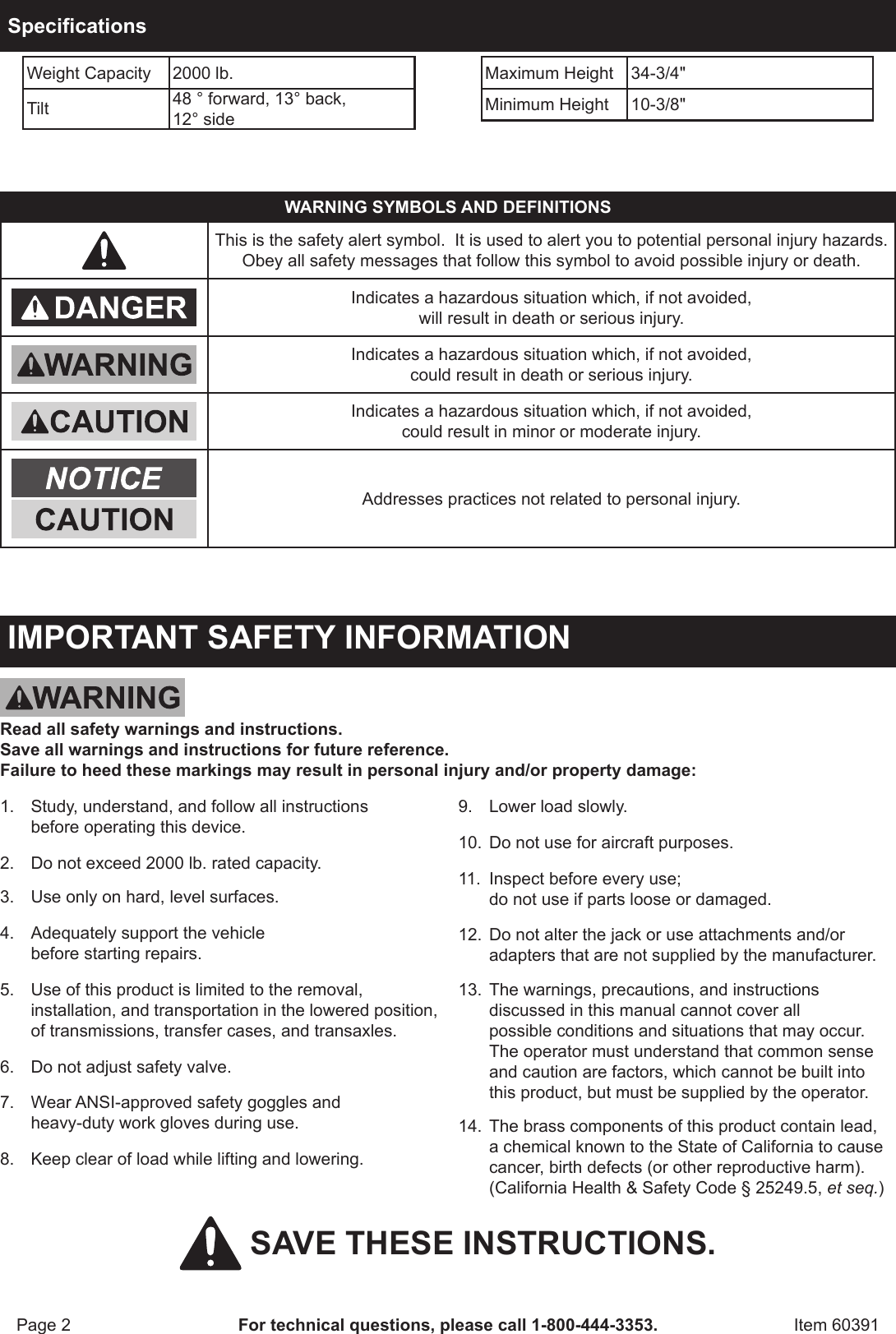 Page 2 of 8 - Harbor-Freight Harbor-Freight-2000-Lb-Low-Profile-Transmission-Jack-Product-Manual-  Harbor-freight-2000-lb-low-profile-transmission-jack-product-manual