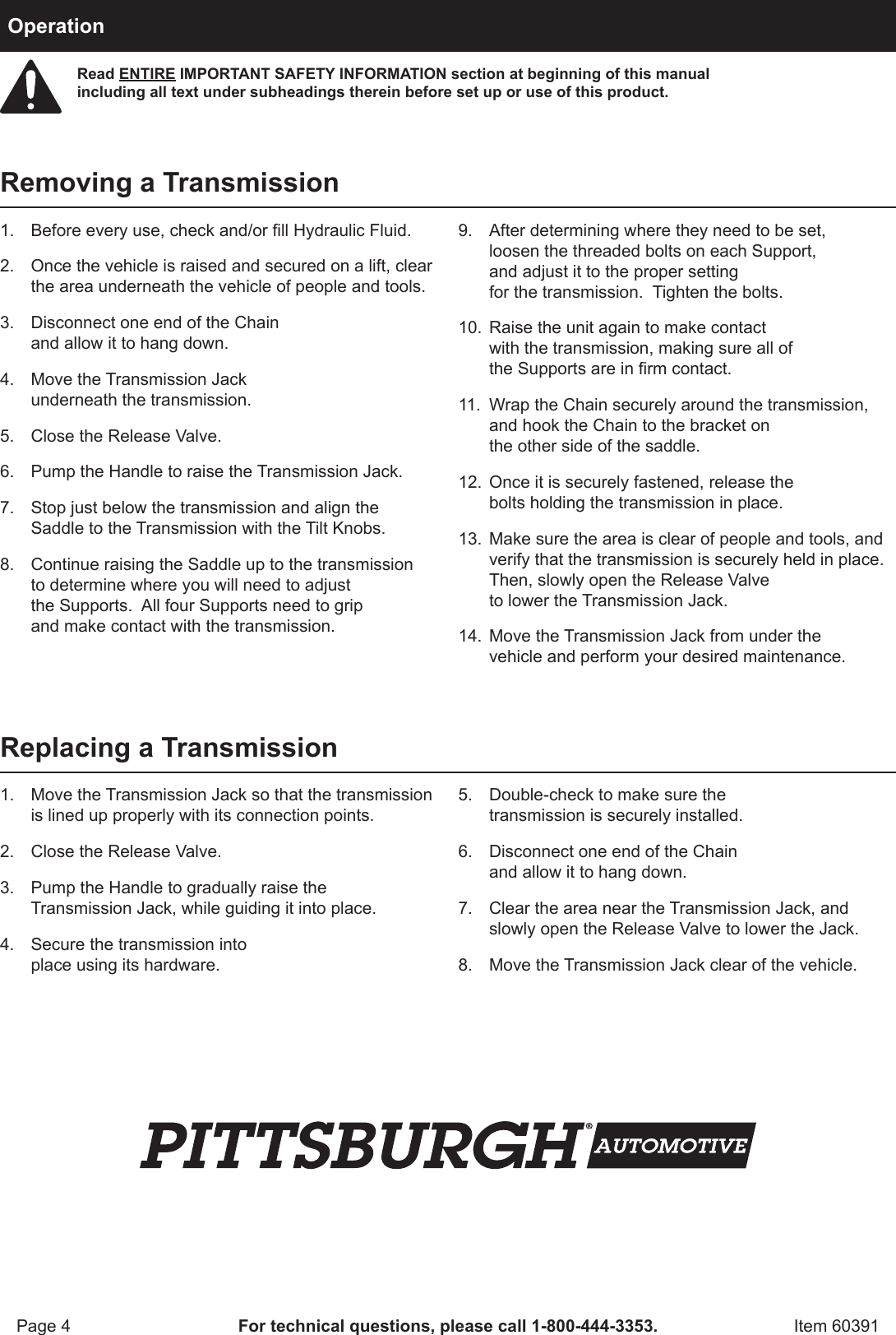 Harbor Freight 2000 Lb Low Profile Transmission Jack Product Manual