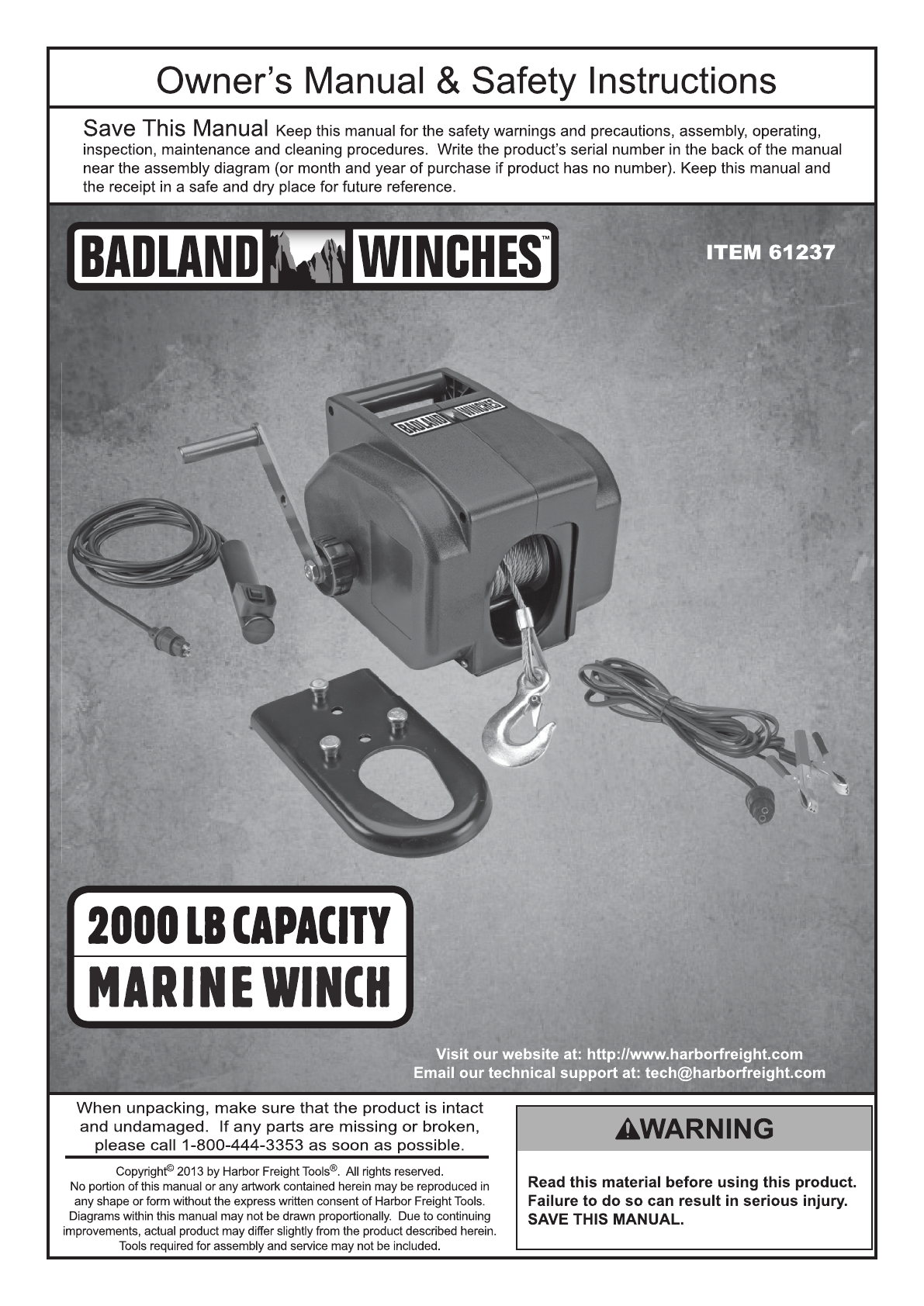 Harbor Freight 2000 Lb Marine Electric Winch Product Manual
