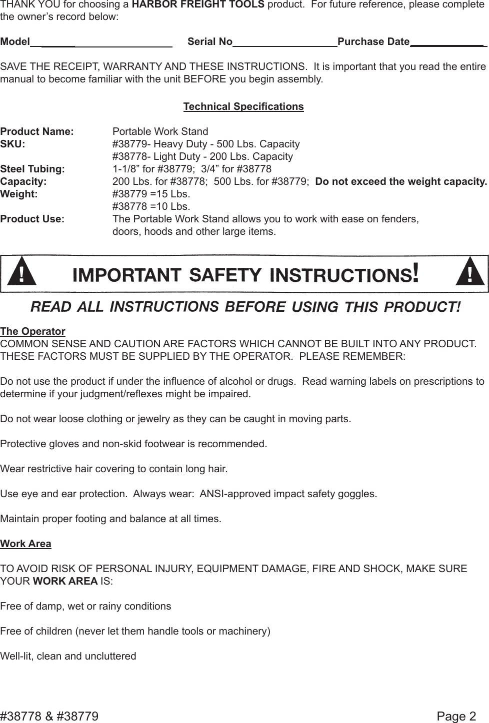 Page 2 of 4 - Harbor-Freight Harbor-Freight-200-Lb-Capacity-Portable-Work-Stand-Product-Manual-  Harbor-freight-200-lb-capacity-portable-work-stand-product-manual