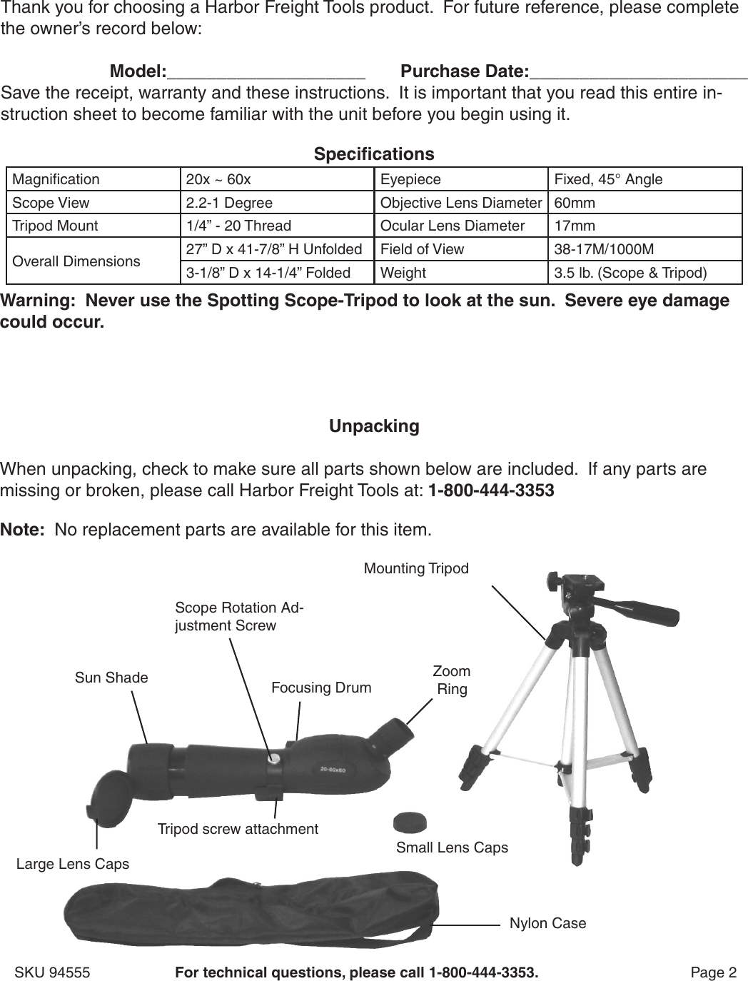 Page 2 of 4 - Harbor-Freight Harbor-Freight-20-60-X-60Mm-Spotting-Scope-With-Tripod-Product-Manual-  Harbor-freight-20-60-x-60mm-spotting-scope-with-tripod-product-manual