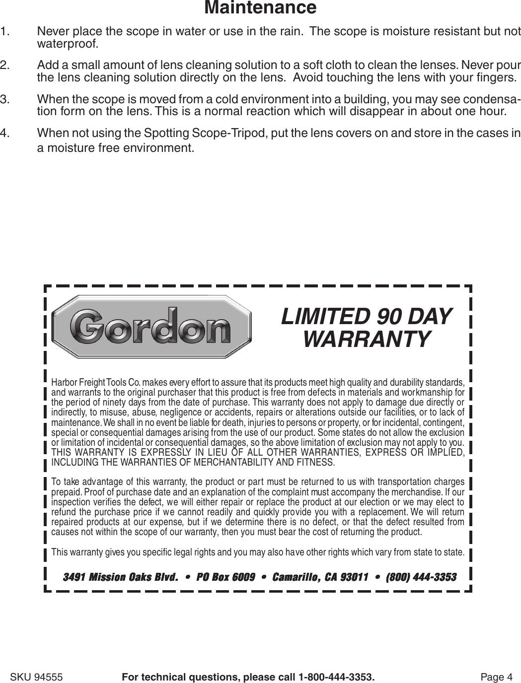 Page 4 of 4 - Harbor-Freight Harbor-Freight-20-60-X-60Mm-Spotting-Scope-With-Tripod-Product-Manual-  Harbor-freight-20-60-x-60mm-spotting-scope-with-tripod-product-manual