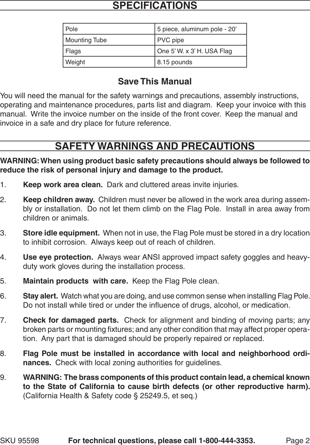 Page 2 of 5 - Harbor-Freight Harbor-Freight-20-Ft-Telescoping-Flag-Pole-Product-Manual-  Harbor-freight-20-ft-telescoping-flag-pole-product-manual