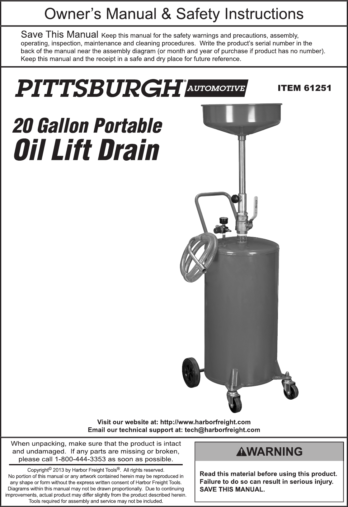 Page 1 of 12 - Harbor-Freight Harbor-Freight-20Gal-Oil-Drain-Tank-Product-Manual-  Harbor-freight-20gal-oil-drain-tank-product-manual