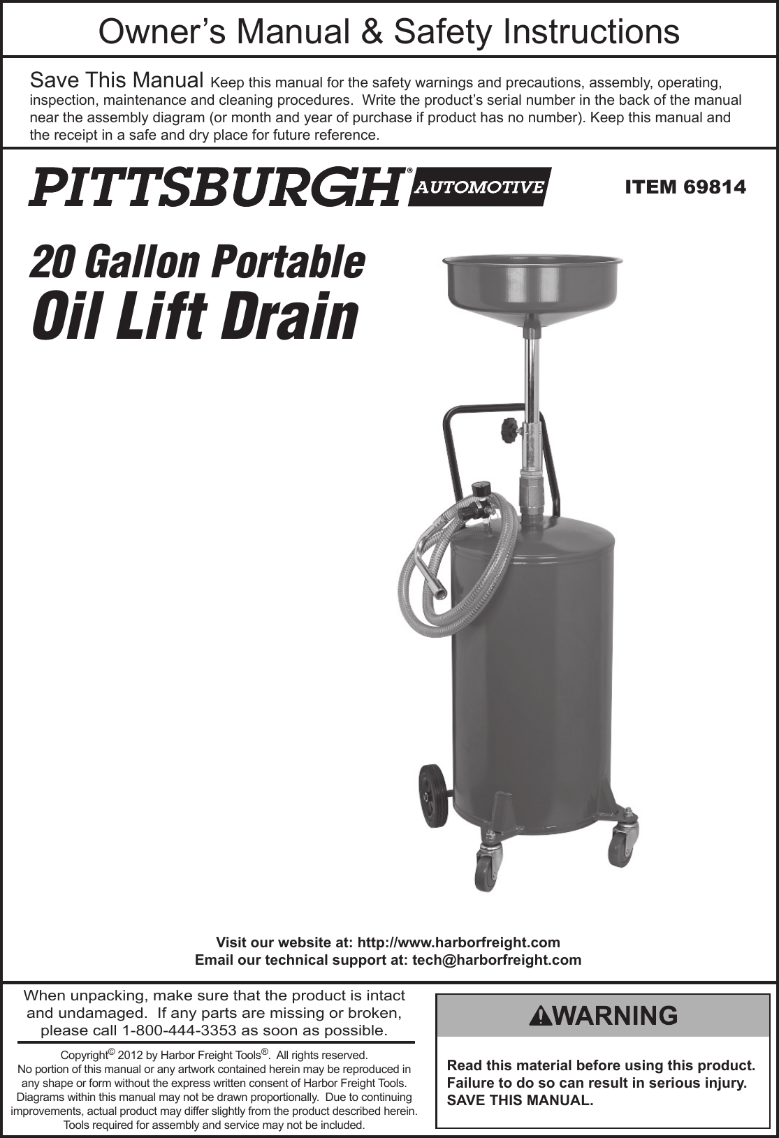Page 1 of 12 - Harbor-Freight Harbor-Freight-20-Gal-Portable-Oil-Lift-Drain-Product-Manual-  Harbor-freight-20-gal-portable-oil-lift-drain-product-manual