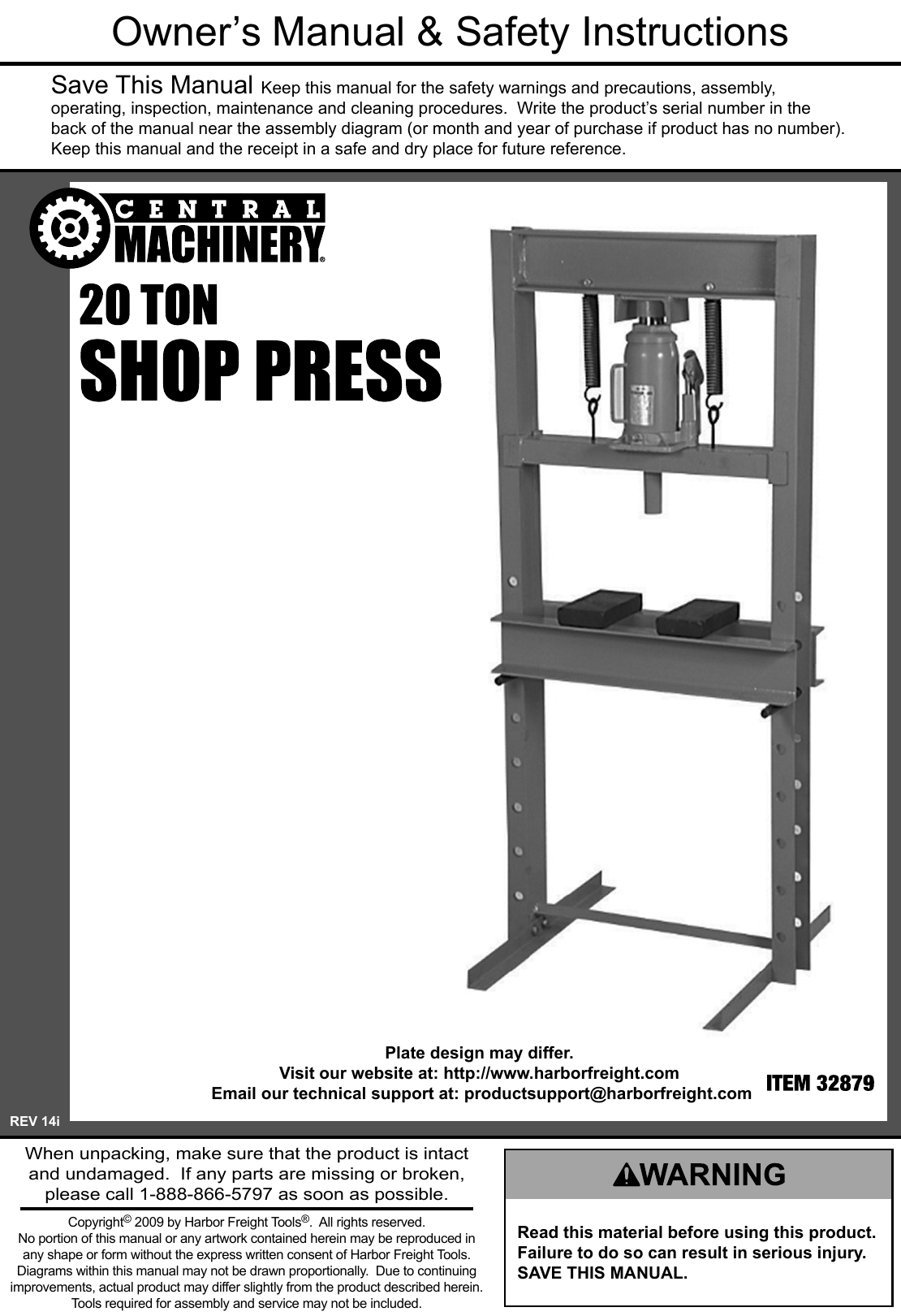 Page 1 of 12 - Harbor-Freight Harbor-Freight-20-Ton-H-Frame-Industrial-Heavy-Duty-Floor-Shop-Press-Product-Manual-  Harbor-freight-20-ton-h-frame-industrial-heavy-duty-floor-shop-press-product-manual