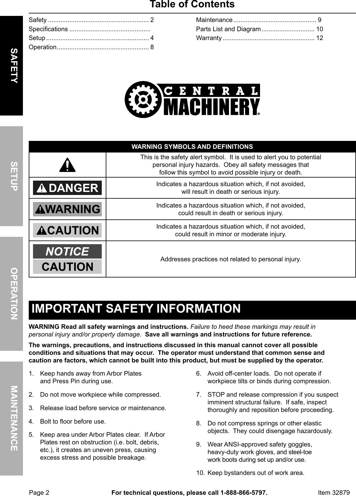 Page 2 of 12 - Harbor-Freight Harbor-Freight-20-Ton-H-Frame-Industrial-Heavy-Duty-Floor-Shop-Press-Product-Manual-  Harbor-freight-20-ton-h-frame-industrial-heavy-duty-floor-shop-press-product-manual