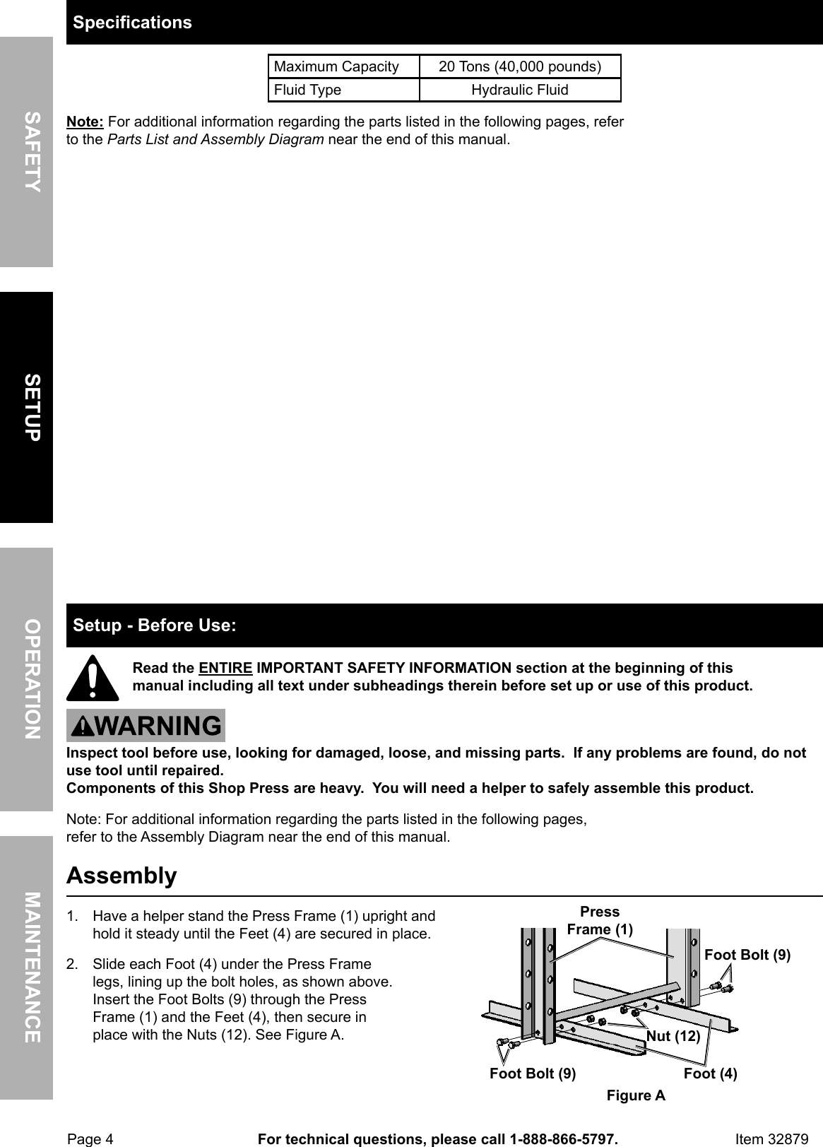 Page 4 of 12 - Harbor-Freight Harbor-Freight-20-Ton-H-Frame-Industrial-Heavy-Duty-Floor-Shop-Press-Product-Manual-  Harbor-freight-20-ton-h-frame-industrial-heavy-duty-floor-shop-press-product-manual