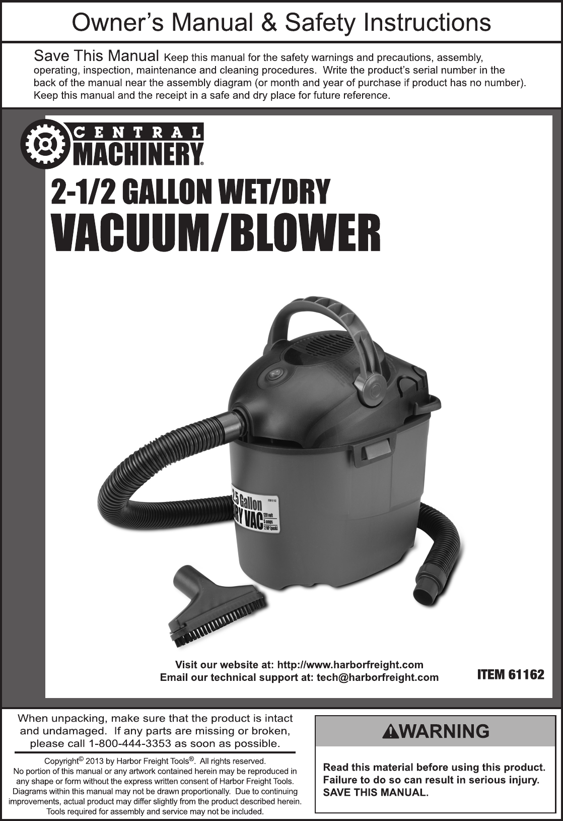 Page 1 of 12 - Harbor-Freight Harbor-Freight-2-1-2-Gal-Wet-Dry-Vacuum-Blower-Product-Manual-  Harbor-freight-2-1-2-gal-wet-dry-vacuum-blower-product-manual