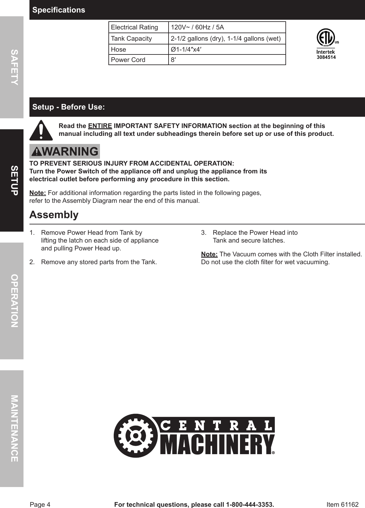 Page 4 of 12 - Harbor-Freight Harbor-Freight-2-1-2-Gal-Wet-Dry-Vacuum-Blower-Product-Manual-  Harbor-freight-2-1-2-gal-wet-dry-vacuum-blower-product-manual