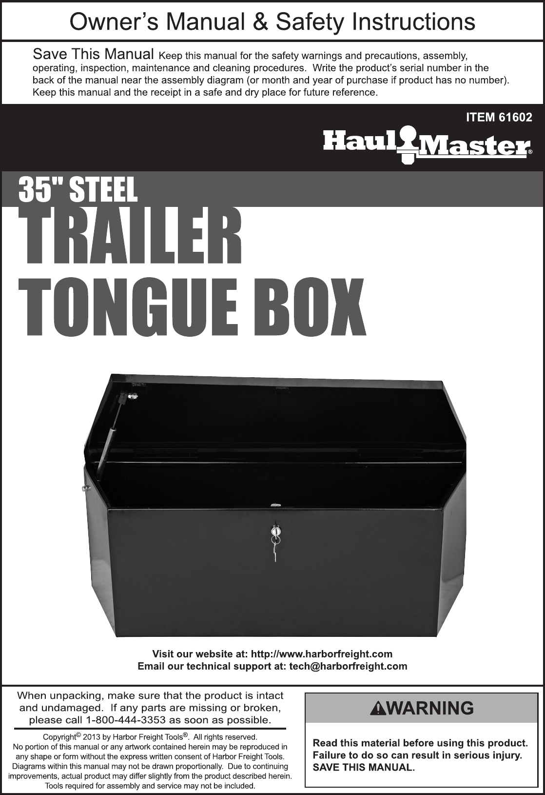 Page 1 of 4 - Harbor-Freight Harbor-Freight-2-1-3-Cu-Ft-Steel-Trailer-Tongue-Box-Product-Manual-  Harbor-freight-2-1-3-cu-ft-steel-trailer-tongue-box-product-manual