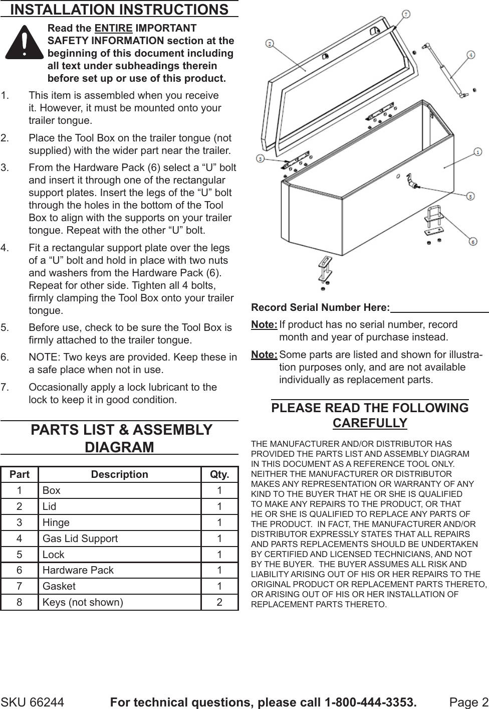 Page 2 of 3 - Harbor-Freight Harbor-Freight-2-1-4-Cu-Ft-Steel-Trailer-Tongue-Box-Product-Manual-  Harbor-freight-2-1-4-cu-ft-steel-trailer-tongue-box-product-manual
