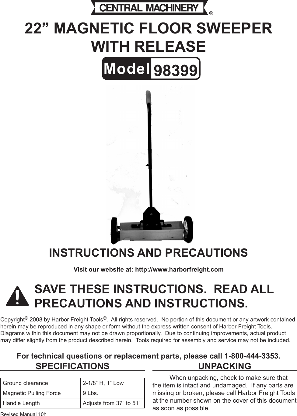 Harbor Freight 22 In Floor Sweeper With Release Product Manual
