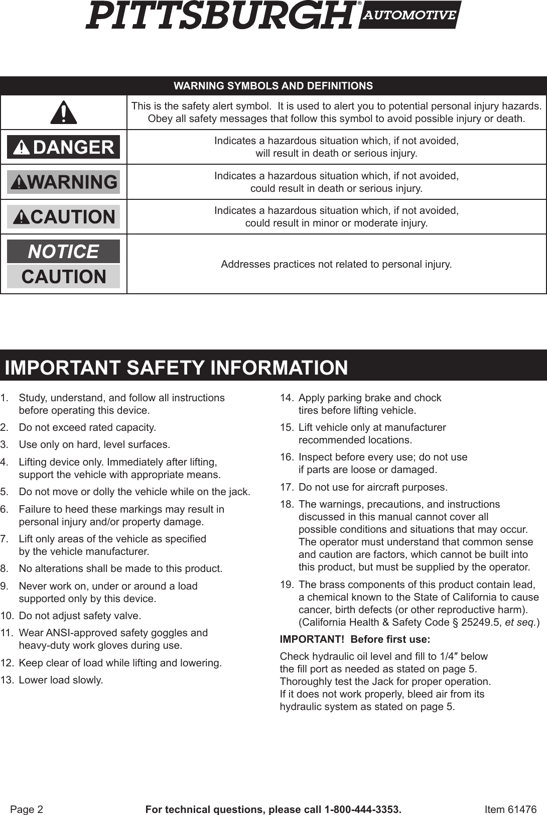 Page 2 of 12 - Harbor-Freight Harbor-Freight-22-Ton-Air-Hydraulic-Floor-Jack-Product-Manual-  Harbor-freight-22-ton-air-hydraulic-floor-jack-product-manual
