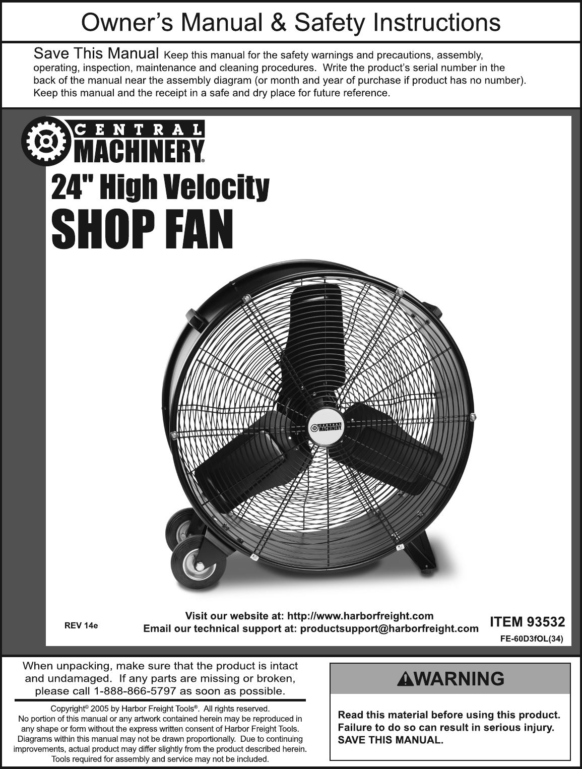 Page 1 of 8 - Harbor-Freight Harbor-Freight-24-In-High-Velocity-Shop-Fan-Product-Manual-  Harbor-freight-24-in-high-velocity-shop-fan-product-manual