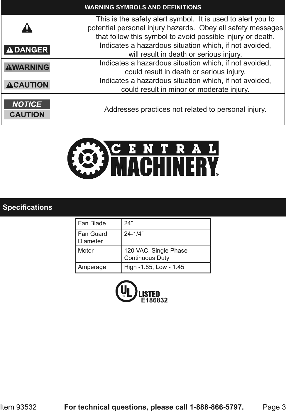 Page 3 of 8 - Harbor-Freight Harbor-Freight-24-In-High-Velocity-Shop-Fan-Product-Manual-  Harbor-freight-24-in-high-velocity-shop-fan-product-manual