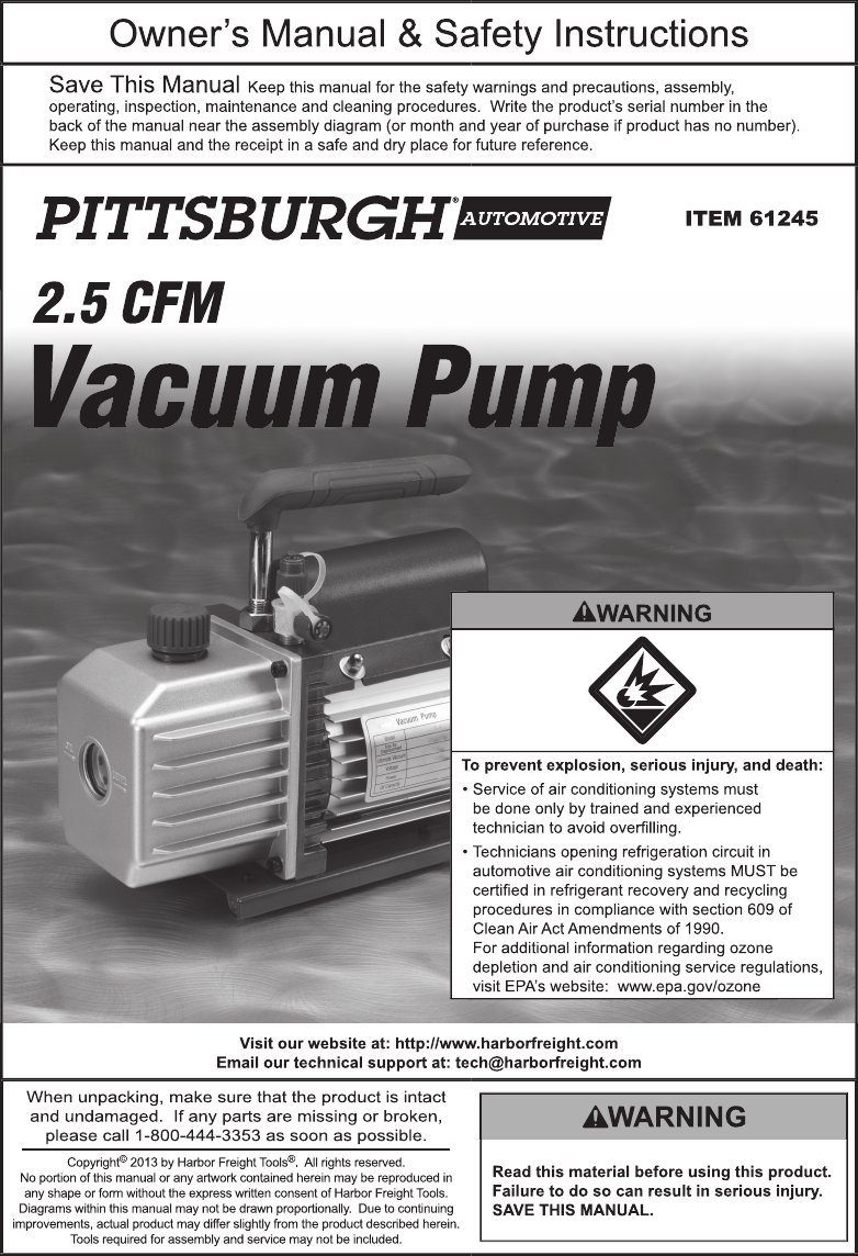 Harbor Freight 2 5 Cfm Vacuum Pump Product Manual