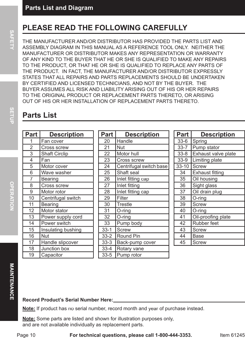Page 10 of 12 - Harbor-Freight Harbor-Freight-2-5-Cfm-Vacuum-Pump-Product-Manual-  Harbor-freight-2-5-cfm-vacuum-pump-product-manual