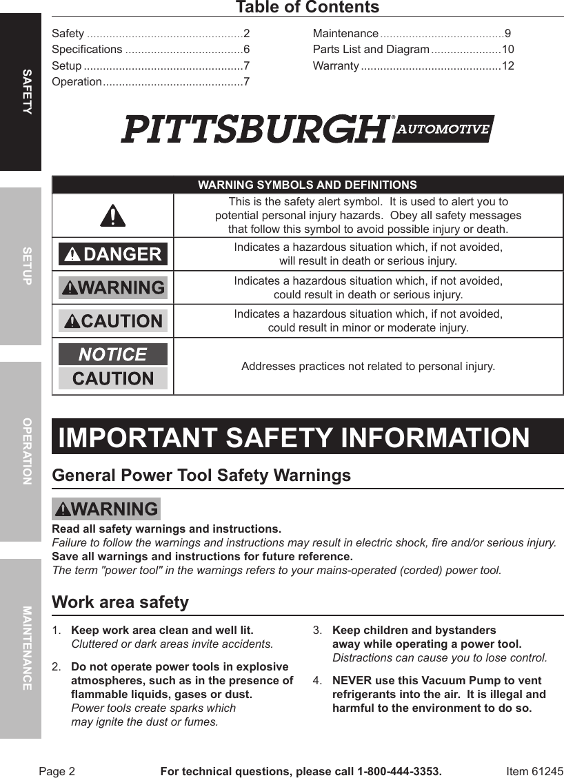Page 2 of 12 - Harbor-Freight Harbor-Freight-2-5-Cfm-Vacuum-Pump-Product-Manual-  Harbor-freight-2-5-cfm-vacuum-pump-product-manual