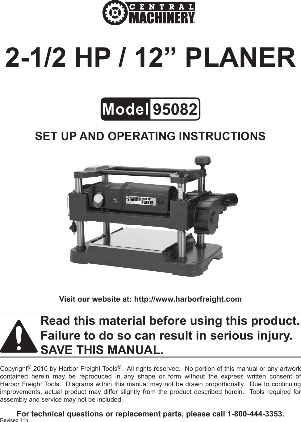 Harbor Freight 2 5 Hp 12 In Thickness Planer Product Manual