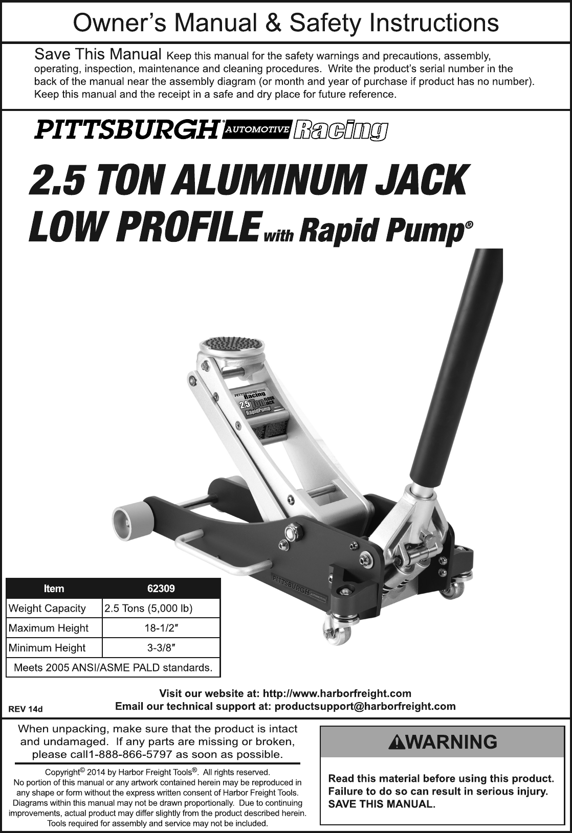 Harbor Freight 2 5 Ton Aluminum Racing Floor Jack With Rapidpump Product  Manual