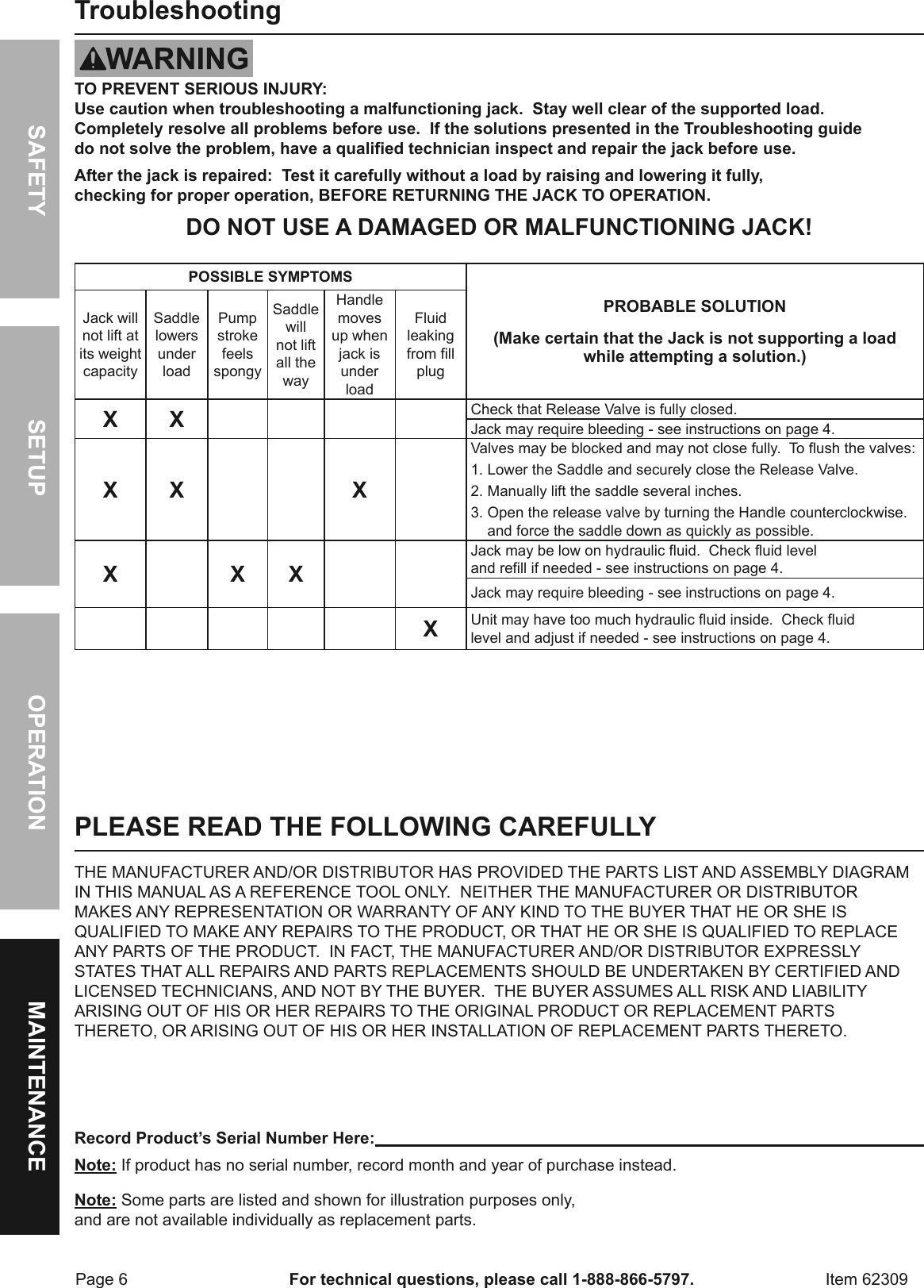Page 6 of 8 - Harbor-Freight Harbor-Freight-2-5-Ton-Aluminum-Racing-Floor-Jack-With-Rapidpump-Product-Manual-  Harbor-freight-2-5-ton-aluminum-racing-floor-jack-with-rapidpump-product-manual