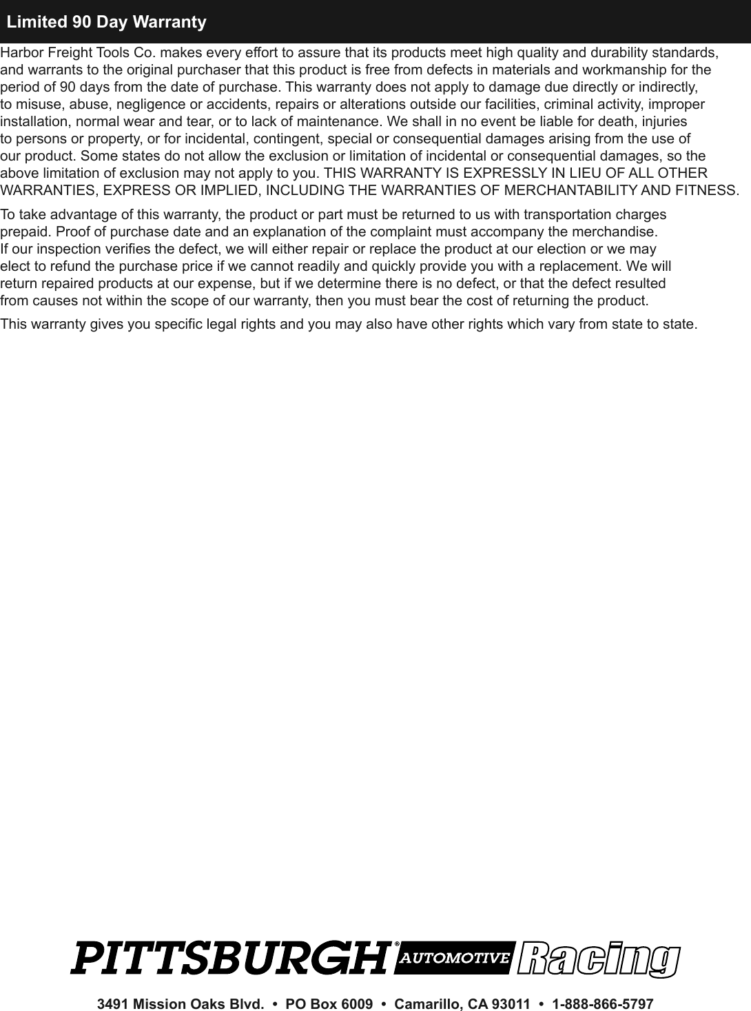 Page 8 of 8 - Harbor-Freight Harbor-Freight-2-5-Ton-Aluminum-Racing-Floor-Jack-With-Rapidpump-Product-Manual-  Harbor-freight-2-5-ton-aluminum-racing-floor-jack-with-rapidpump-product-manual