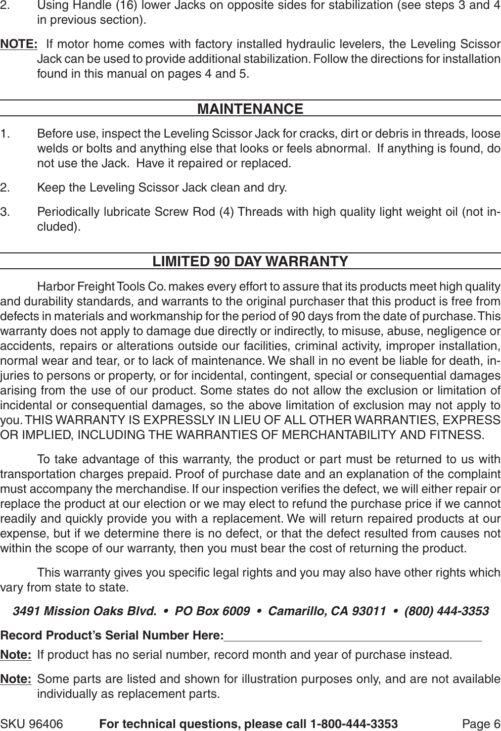 Page 6 of 7 - Harbor-Freight Harbor-Freight-2-5-Ton-Scissor-Jack-Product-Manual- Harbor-freight-2-5-ton-scissor-jack-product-manual