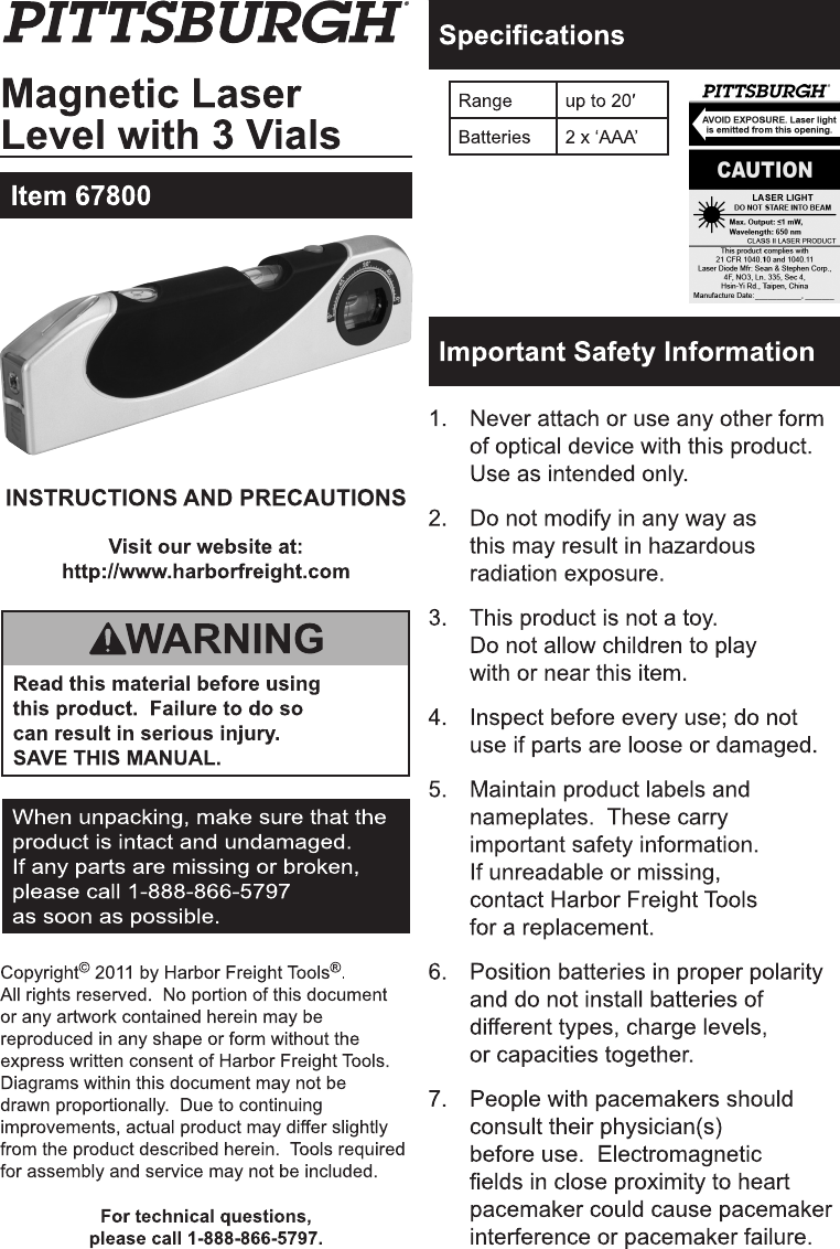 Page 1 of 2 - Harbor-Freight Harbor-Freight-2-In-1-Magnetic-Torpedo-Laser-Level-Product-Manual-  Harbor-freight-2-in-1-magnetic-torpedo-laser-level-product-manual