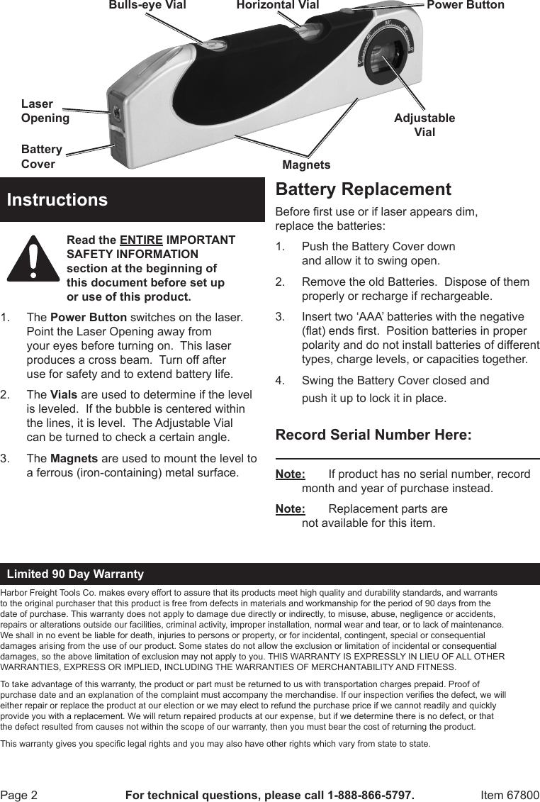 Page 2 of 2 - Harbor-Freight Harbor-Freight-2-In-1-Magnetic-Torpedo-Laser-Level-Product-Manual-  Harbor-freight-2-in-1-magnetic-torpedo-laser-level-product-manual