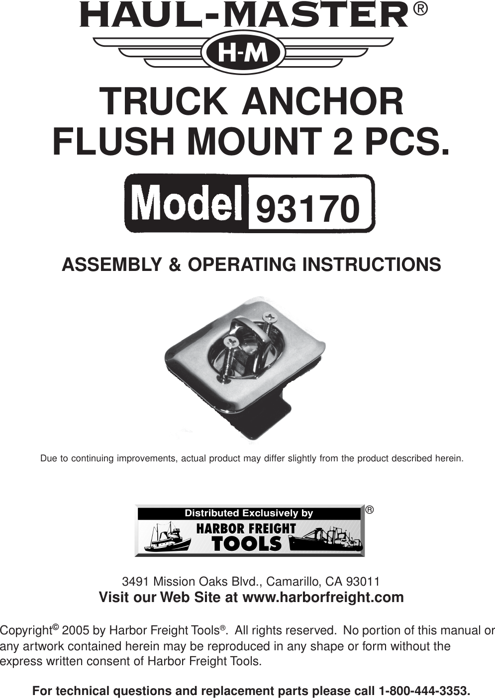 Harbor Freight 2 Pc Flush Mount Truck Bed Anchors Product Manual 93170