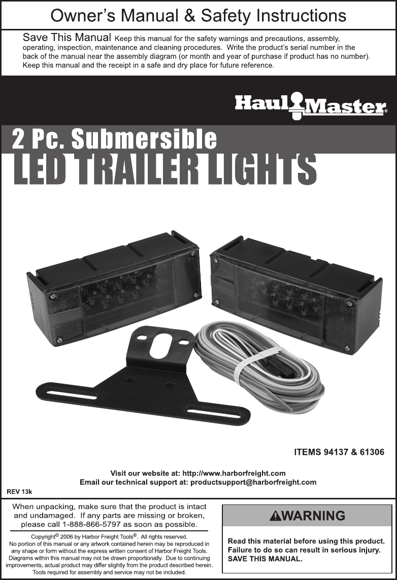 Page 1 of 8 - Harbor-Freight Harbor-Freight-2-Pc-Submersible-Trailer-Lights-Product-Manual-  Harbor-freight-2-pc-submersible-trailer-lights-product-manual