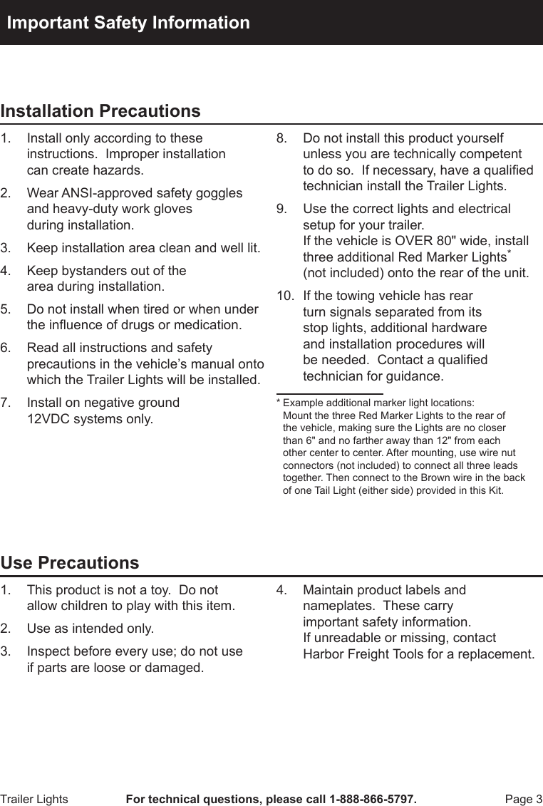 Page 3 of 8 - Harbor-Freight Harbor-Freight-2-Pc-Submersible-Trailer-Lights-Product-Manual-  Harbor-freight-2-pc-submersible-trailer-lights-product-manual